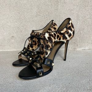Valentino Rockstud Lace Up Animal Print Heels